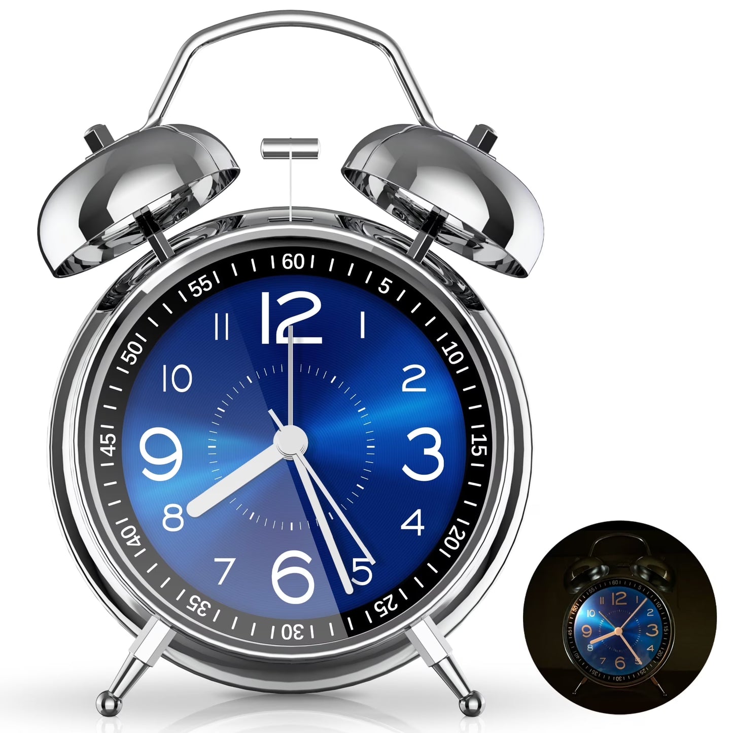 Super Loud Alarm Clock for Heavy Sleepers, 4 Inches Twin Bell Alarm Clock with Backlight, Silent Non-Ticking & Luminous Dial, Digital Alarm Clocks for Kids, Adults, Bedrooms, Blue