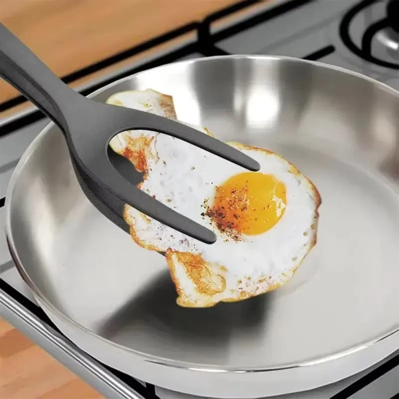 2 in 1 Nylon Grip Flip Tongs with Egg Spatula and Steak Turner Clamp Pancake Fried Turners Kitchen Cooking Accessories