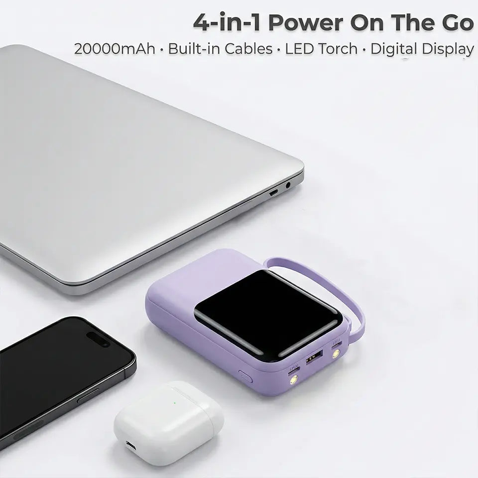 20000Mah Portable Power Bank with Built-In 4 Retractable Cables, LED Digital Display, Dual USB Output, LED Flashlight, Lanyard, Micro Plug for Iphone, Android Smartphones & Electronics Gadgets
