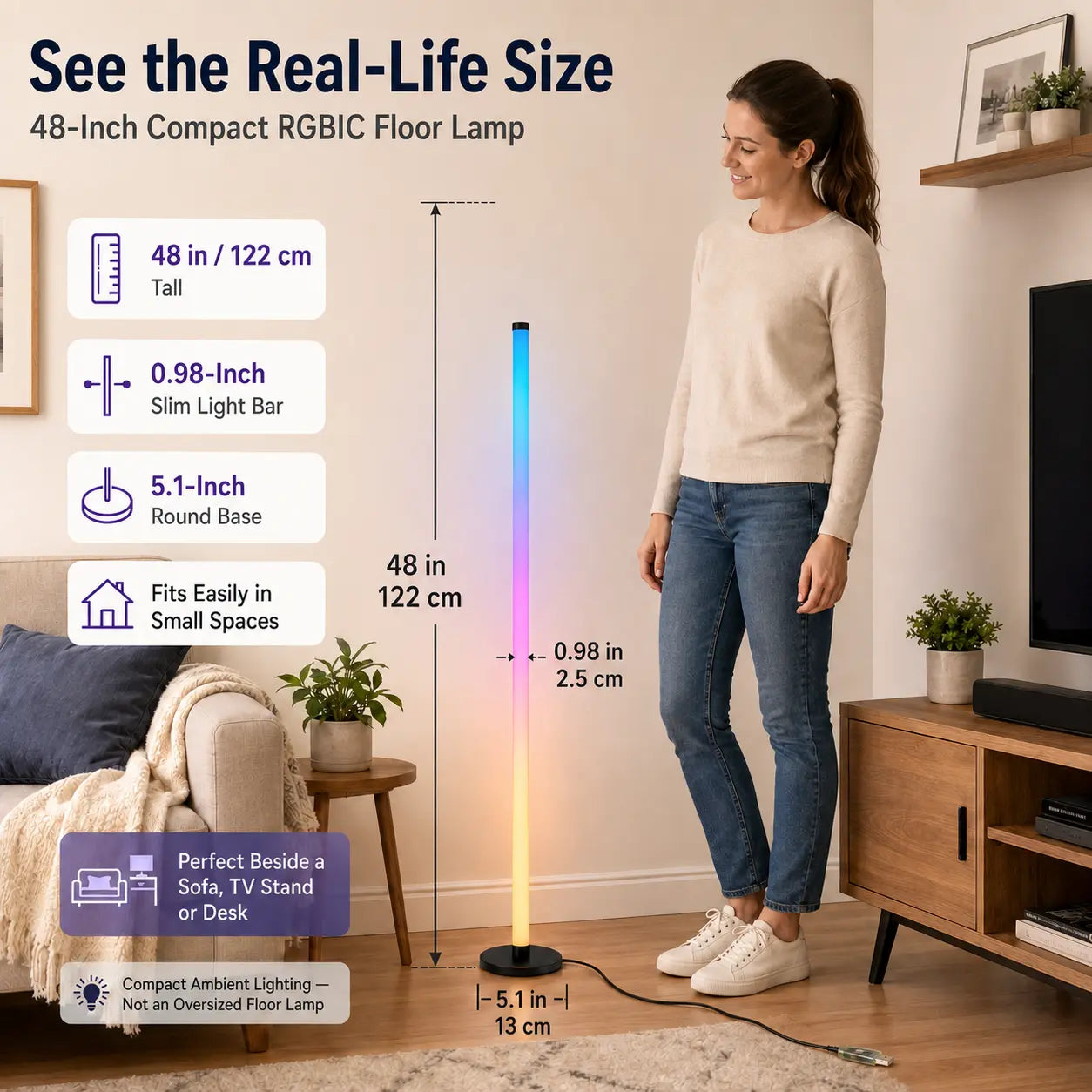 48In RGBIC Corner Floor Lamp, App & Remote Control, Music Sync LED Ambient Light（1Pcs/2Pcs)