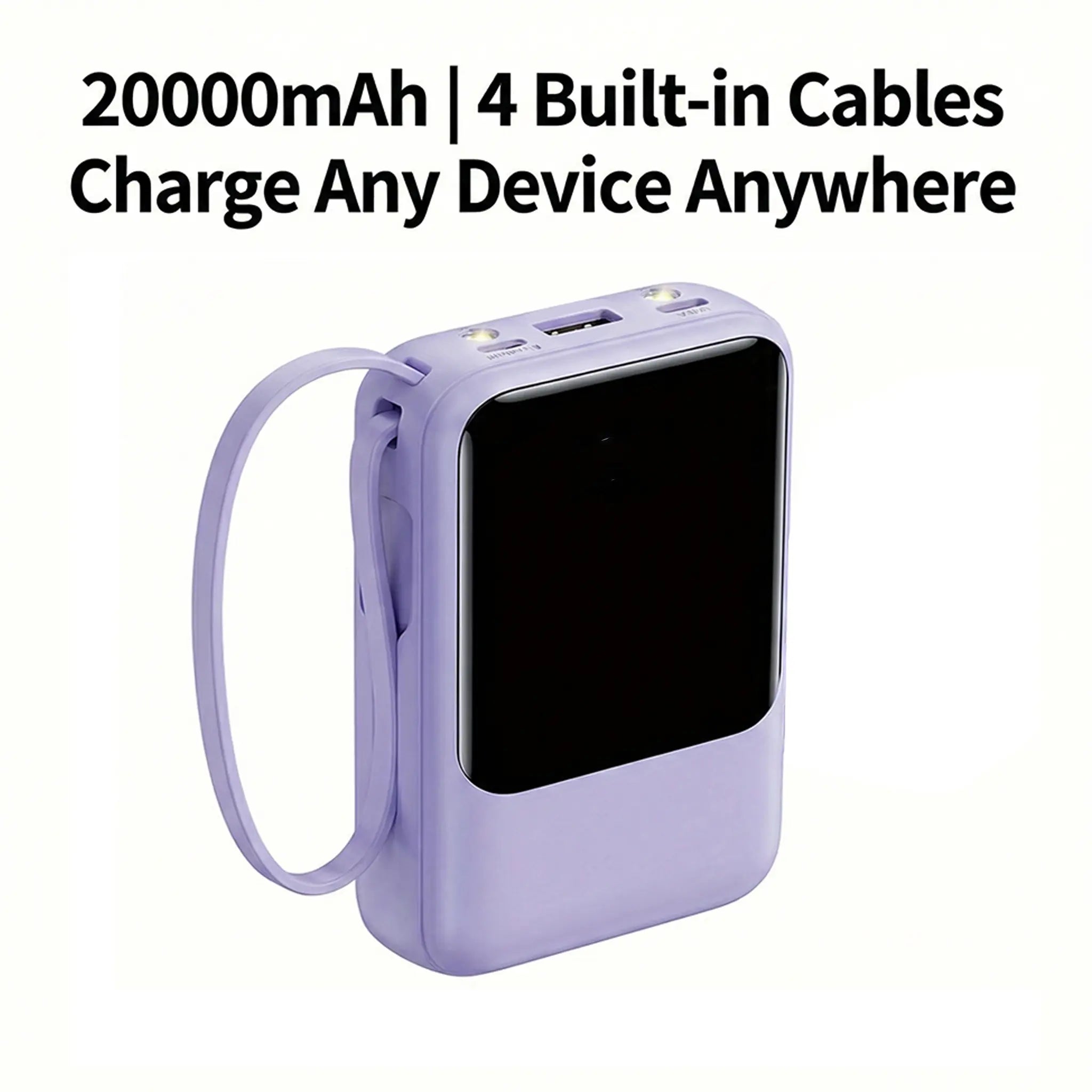 20000Mah Portable Power Bank with Built-In 4 Retractable Cables, LED Digital Display, Dual USB Output, LED Flashlight, Lanyard, Micro Plug for Iphone, Android Smartphones & Electronics Gadgets