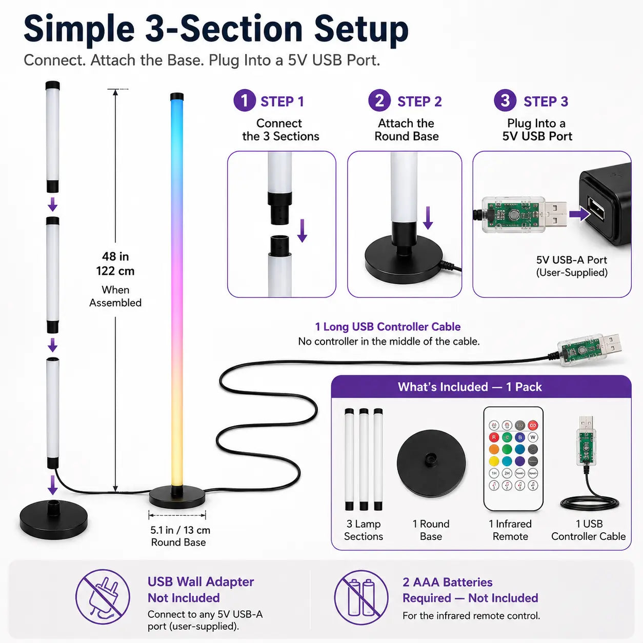 48In RGBIC Corner Floor Lamp, App & Remote Control, Music Sync LED Ambient Light（1Pcs/2Pcs)