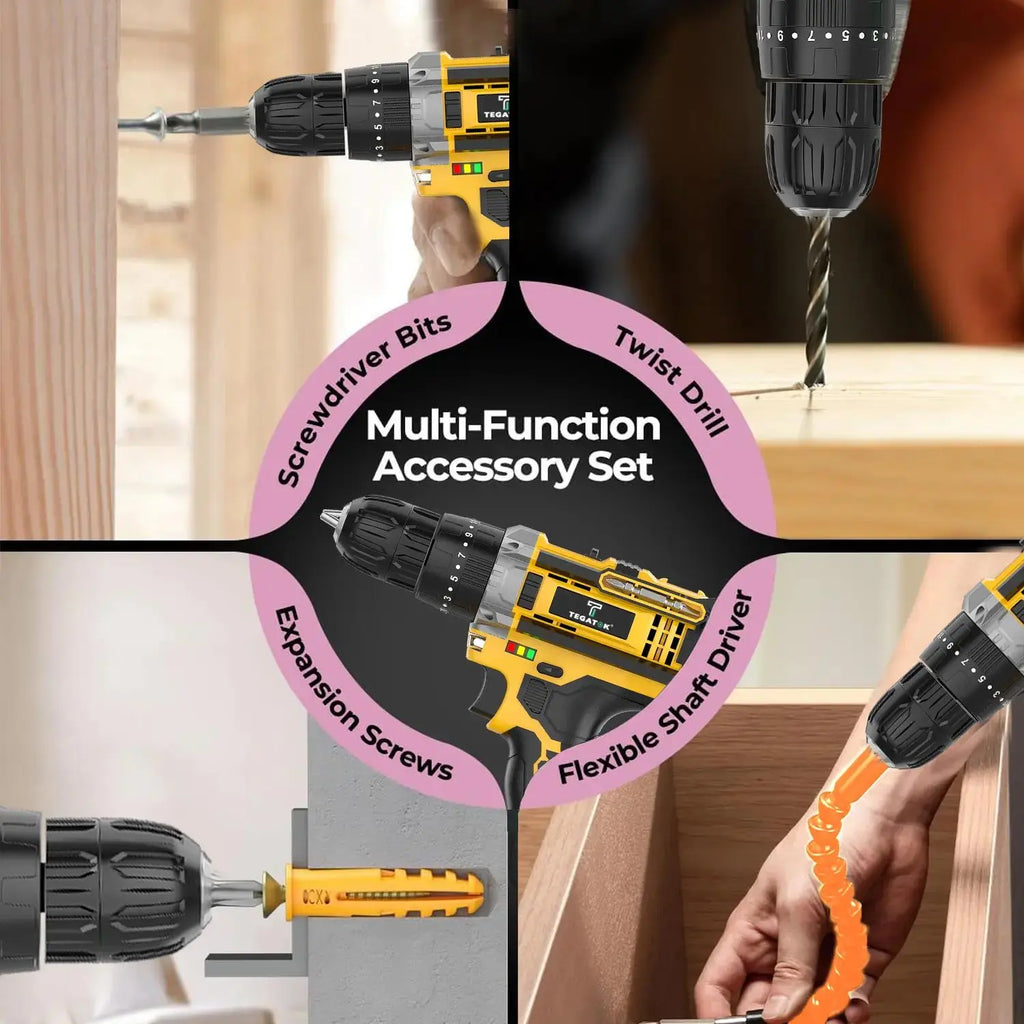 36V Cordless Drill Set - 29-Piece Electric Drill with Keyless Chuck, 2-Speed, 45Nm Torque, LED Lights, 2 Batteries, Fast Charger for Home Repair, DIY Projects