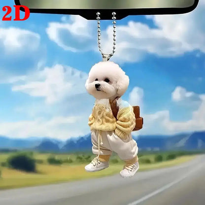 Creative Puppy Backpack 2D Rearview Mirrors Pendant Car Hanging Ornaments Car Decoration Accessories Backpack Keychain Gifts ﻿