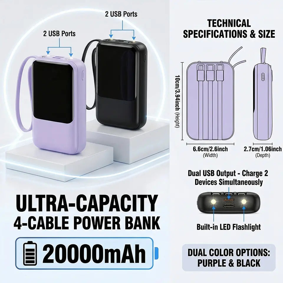 20000Mah Portable Power Bank with Built-In 4 Retractable Cables, LED Digital Display, Dual USB Output, LED Flashlight, Lanyard, Micro Plug for Iphone, Android Smartphones & Electronics Gadgets