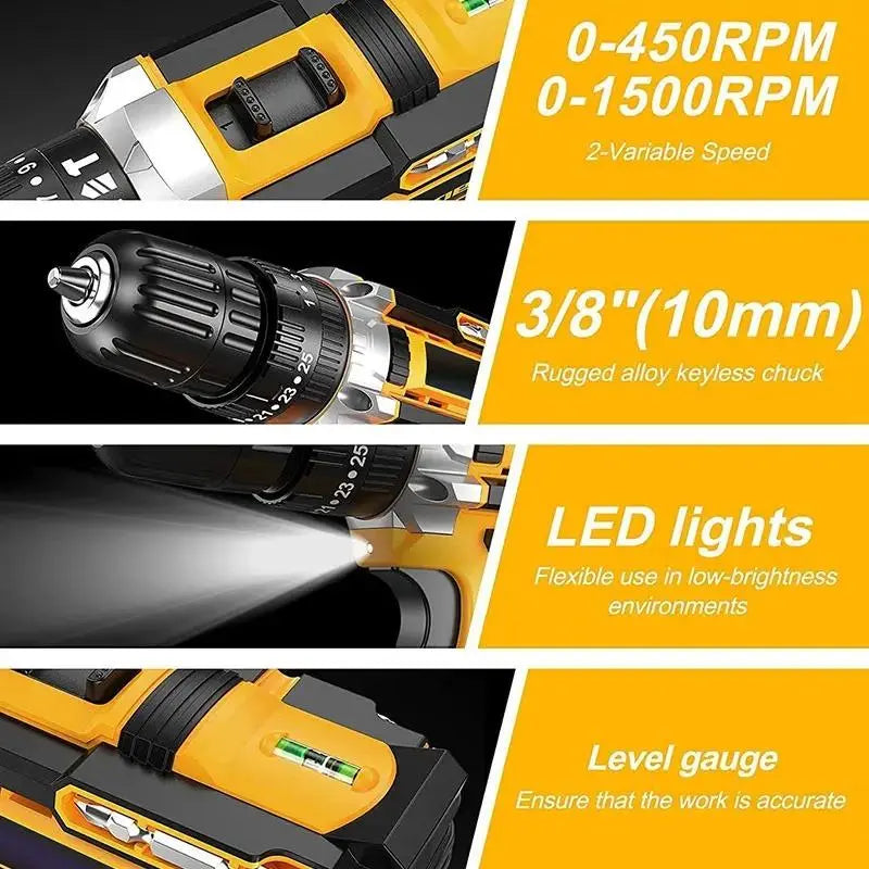 36V Cordless Drill Set - 29-Piece Electric Drill with Keyless Chuck, 2-Speed, 45Nm Torque, LED Lights, 2 Batteries, Fast Charger for Home Repair, DIY Projects