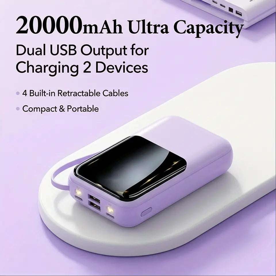 20000Mah Portable Power Bank with Built-In 4 Retractable Cables, LED Digital Display, Dual USB Output, LED Flashlight, Lanyard, Micro Plug for Iphone, Android Smartphones & Electronics Gadgets