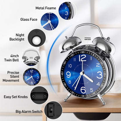 Super Loud Alarm Clock for Heavy Sleepers, 4 Inches Twin Bell Alarm Clock with Backlight, Silent Non-Ticking & Luminous Dial, Digital Alarm Clocks for Kids, Adults, Bedrooms, Blue