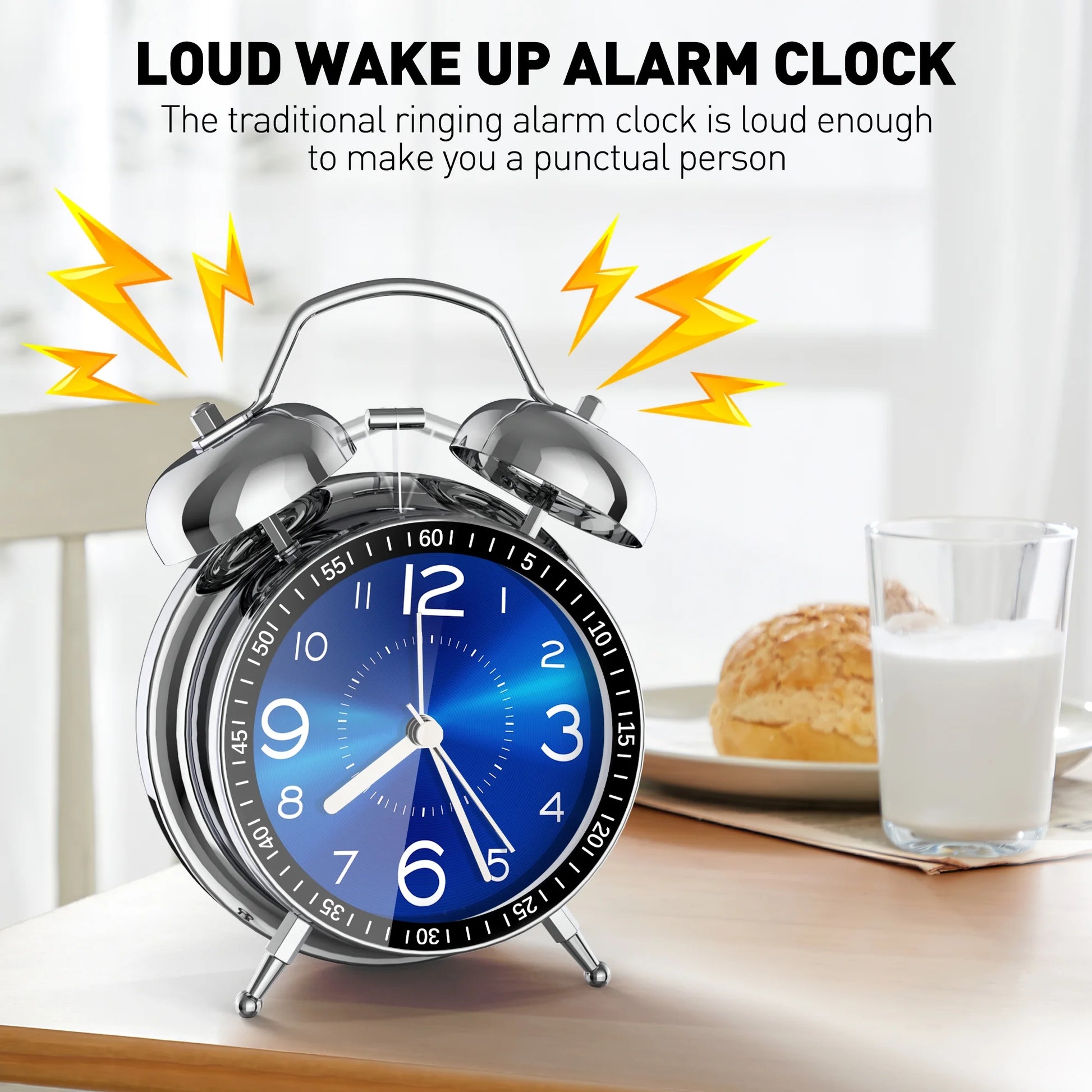 Super Loud Alarm Clock for Heavy Sleepers, 4 Inches Twin Bell Alarm Clock with Backlight, Silent Non-Ticking & Luminous Dial, Digital Alarm Clocks for Kids, Adults, Bedrooms, Blue