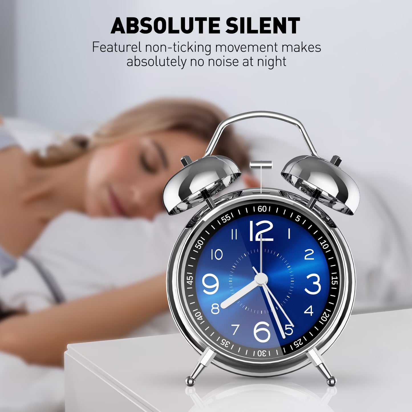 Super Loud Alarm Clock for Heavy Sleepers, 4 Inches Twin Bell Alarm Clock with Backlight, Silent Non-Ticking & Luminous Dial, Digital Alarm Clocks for Kids, Adults, Bedrooms, Blue