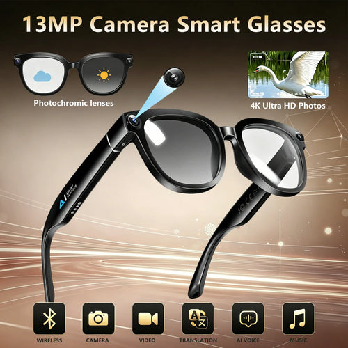 13MP Camera AI Smart Glasses with Chatgpt – 4K Photos & 2K Video, Real-Time Translator, Open-Ear Audio for Vlogging, Travel & Outdoor