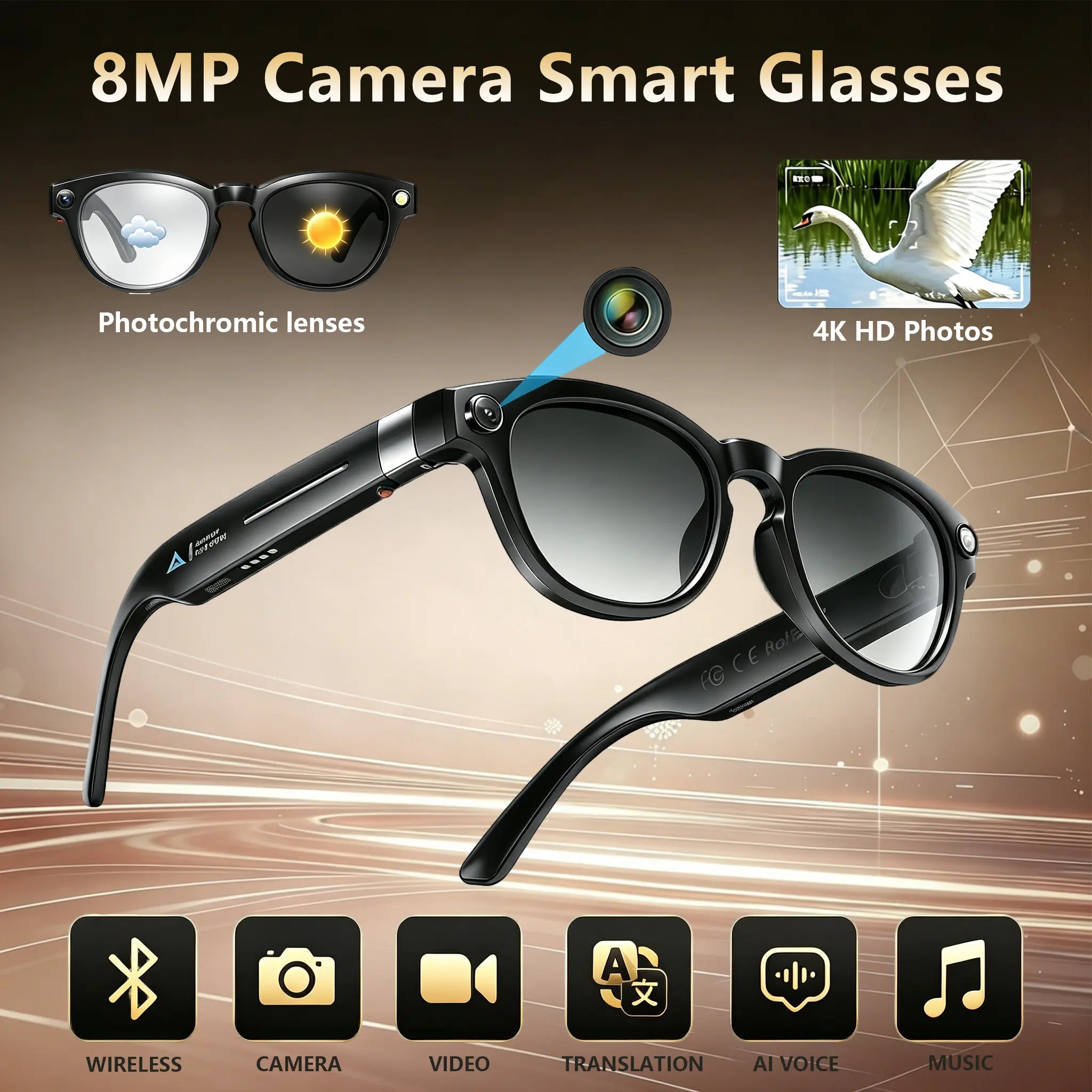 13MP Camera AI Smart Glasses with Chatgpt – 4K Photos & 2K Video, Real-Time Translator, Open-Ear Audio for Vlogging, Travel & Outdoor