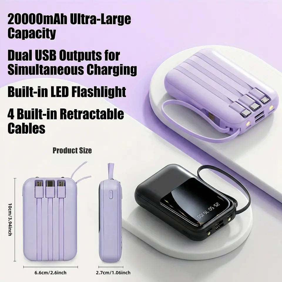 20000Mah Portable Power Bank with Built-In 4 Retractable Cables, LED Digital Display, Dual USB Output, LED Flashlight, Lanyard, Micro Plug for Iphone, Android Smartphones & Electronics Gadgets