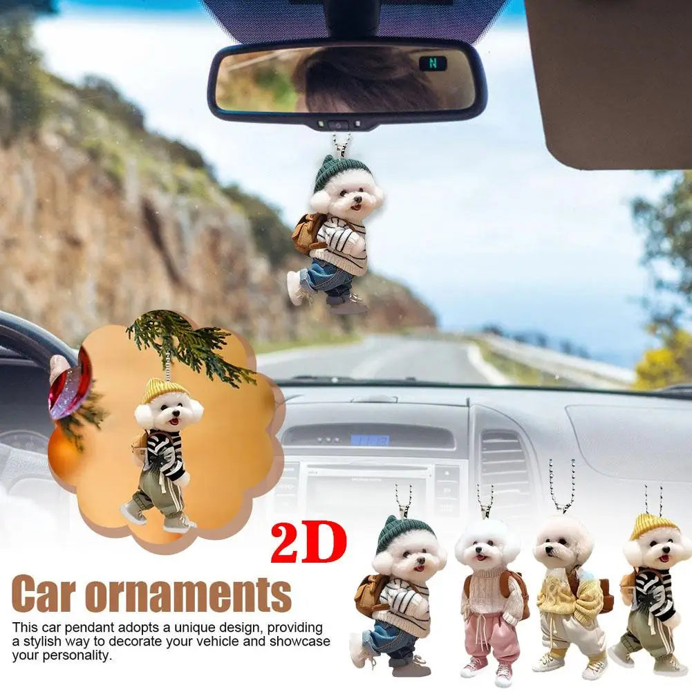 Creative Puppy Backpack 2D Rearview Mirrors Pendant Car Hanging Ornaments Car Decoration Accessories Backpack Keychain Gifts ﻿