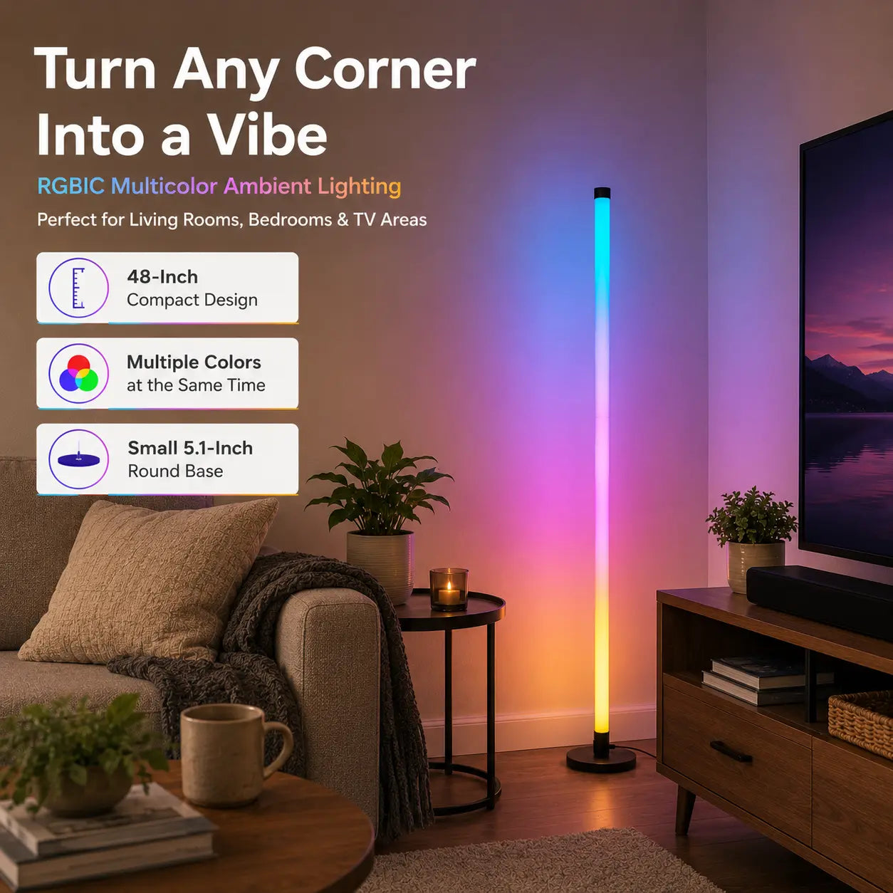 48In RGBIC Corner Floor Lamp, App & Remote Control, Music Sync LED Ambient Light（1Pcs/2Pcs)