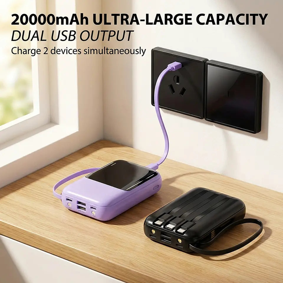 20000Mah Portable Power Bank with Built-In 4 Retractable Cables, LED Digital Display, Dual USB Output, LED Flashlight, Lanyard, Micro Plug for Iphone, Android Smartphones & Electronics Gadgets